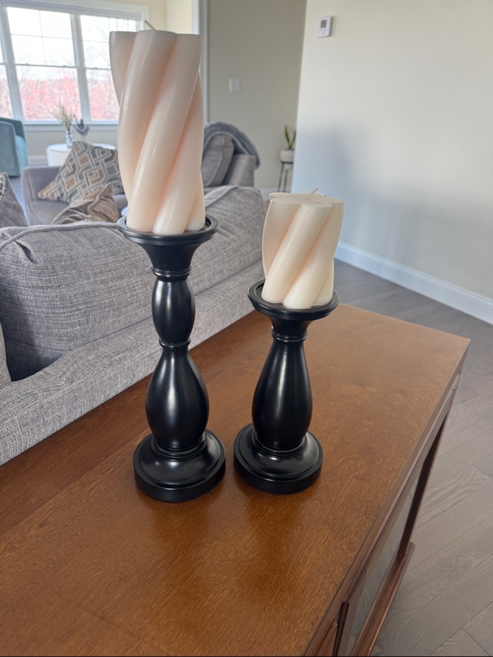 Black Wooden Candle Holder Pair with Cream Twisted Candles